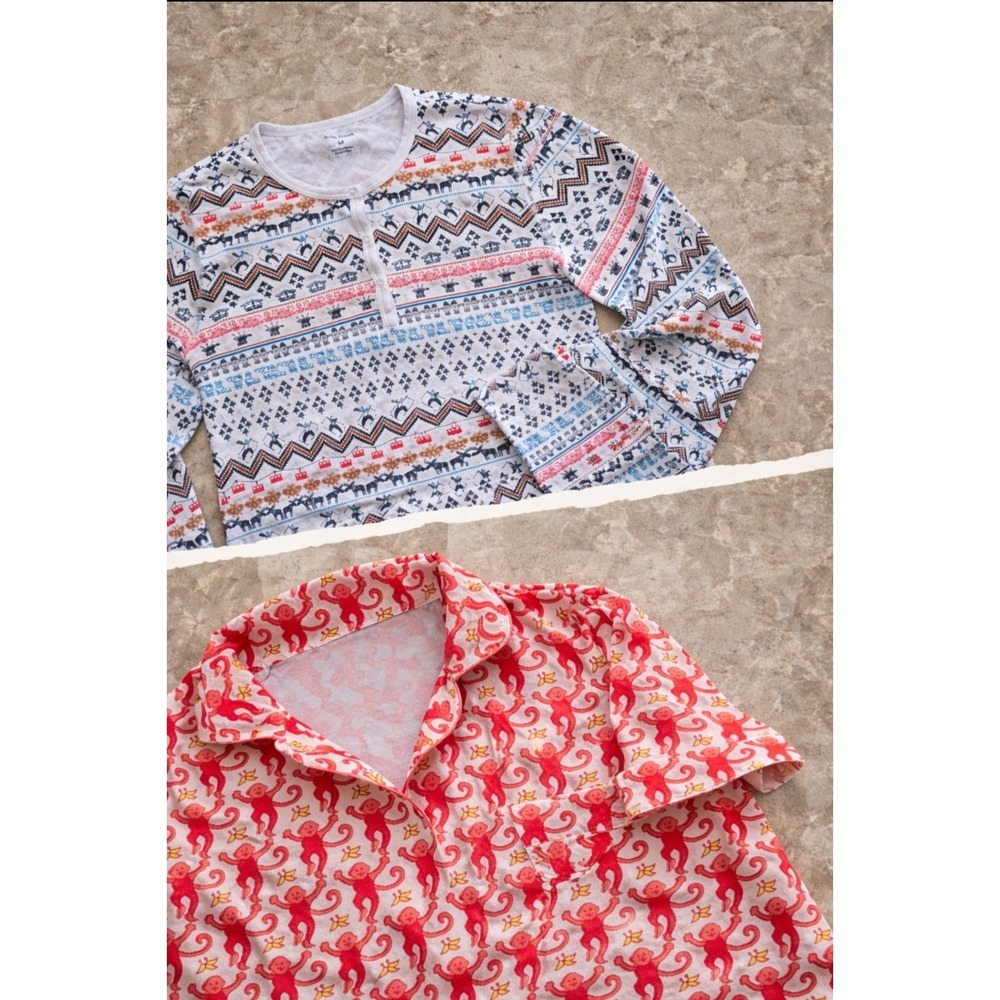Set Of 2 Roller Rabbit Pajama Tops Monkey Holiday Pima Cotton Womens Medium